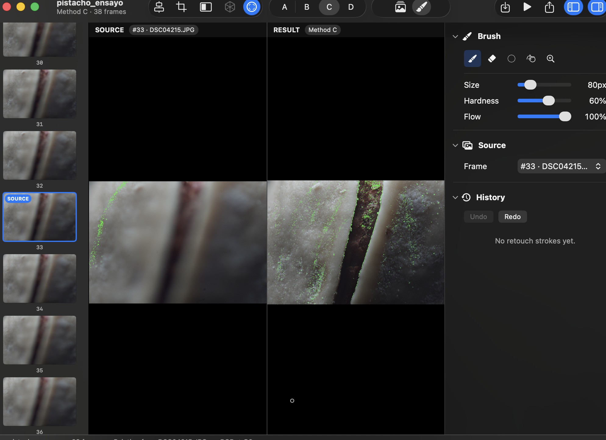 Vista de retoque de Stackr Lux comparando el frame fuente borroso con el resultado nítido pintado a mano